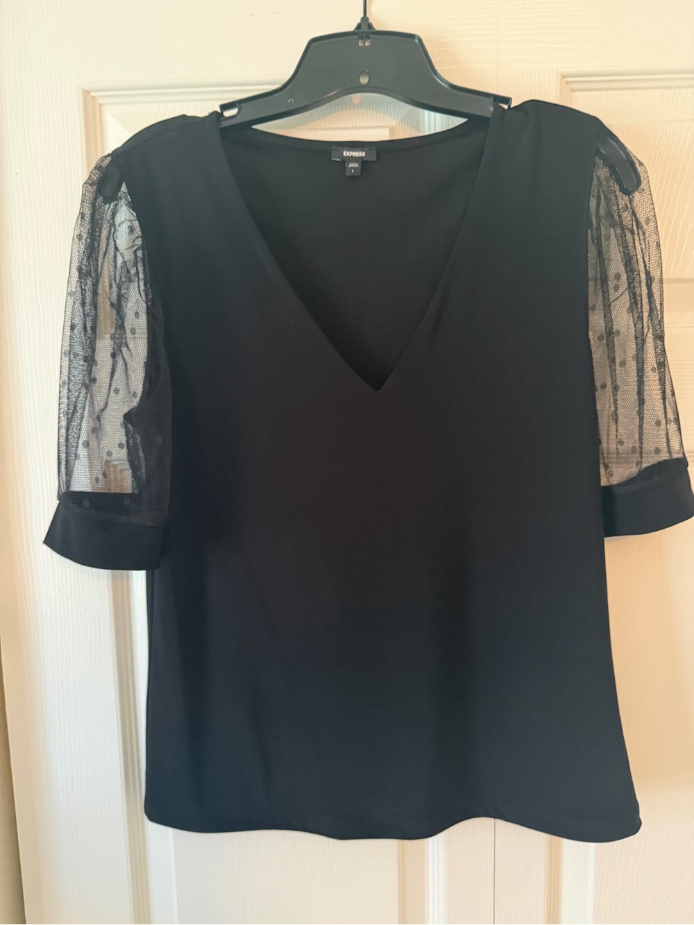 Express Black V-Neck Top with Sheer Dotted Puff Sleeves